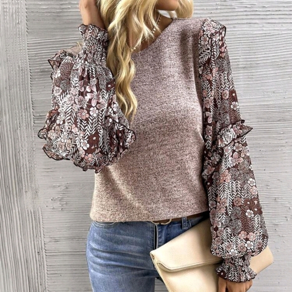 Women Crew Neck Long Sleeve Floral Print Patchwork Casual Blouse - Picture 1 of 5